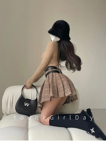 WOMENGAGA Preppy Style High Waist Slim Double Belt Slip Plaid Pleated Skirt Fashion Sexy Korean Women JK Skirts Sweet X8WN