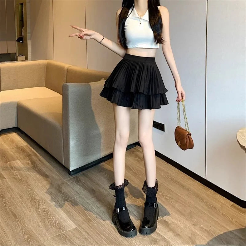 Women Ruffled Pleated A-Line Mini Skirt Summer Tulle Cake High Waist Slim Skirt Shorts Female Sexy Korean Kawaii White