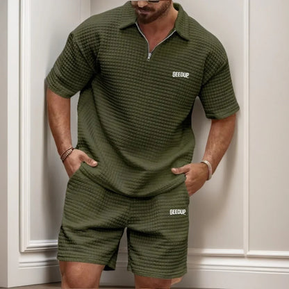 New men's casual, fashionable and comfortable waffle checkered letter lapel sportswear set, spring and summer two-piece set
