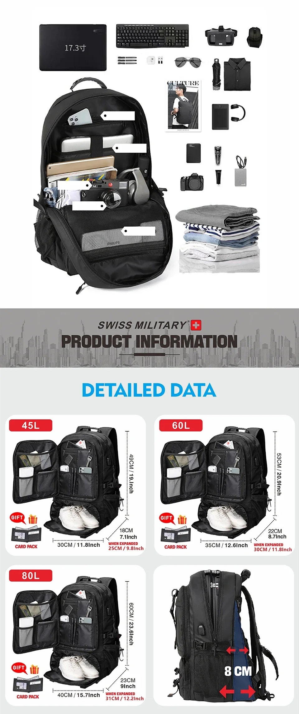 SWISS MILITARY Travel Backpack Large Capacity Waterproof USB Expandable Bag 17.3 Laptop Bag Men Outdoor Sports Backpacks Mochila