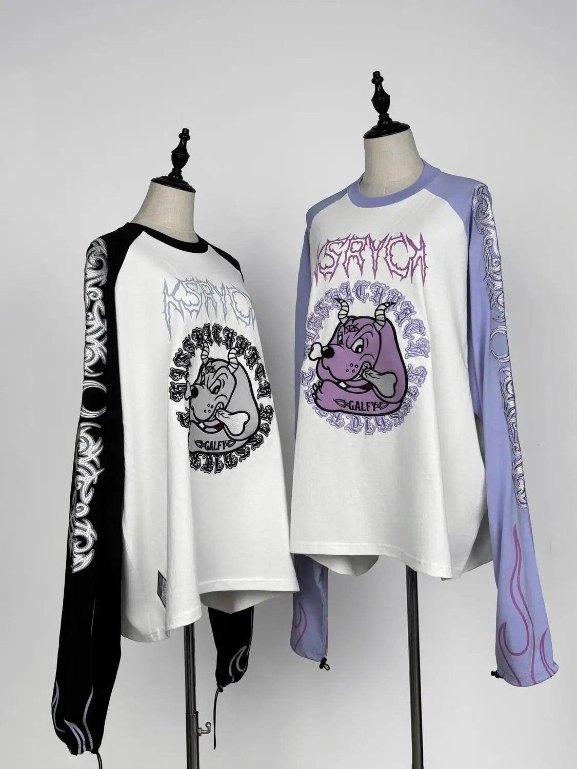 Japanese Harajuku Streetwear Co-branded Subculture Tattoo Embroidery Flame Long Sleeve Oversized Sleeve T-Shirt