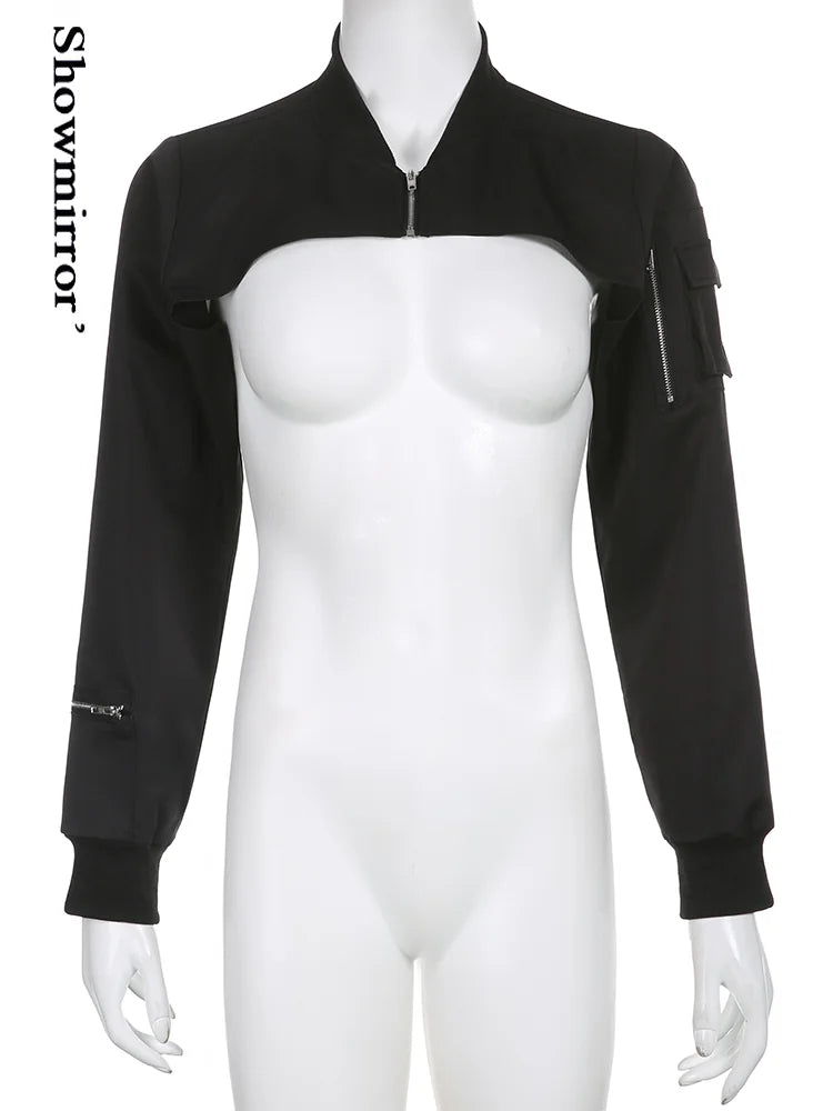 Showmirror Super-short Black Jacket Zipper Long Sleeve Harajuku Cropped Tshirt Gothic Techwear Fashion Korean Tee Punk Street