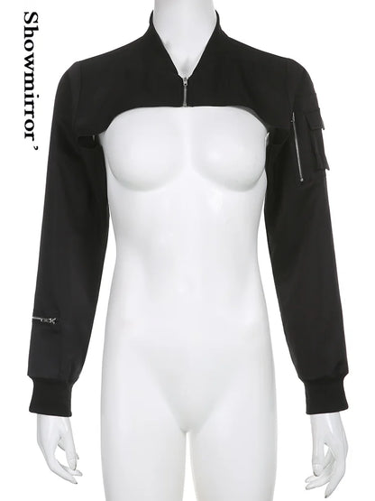Showmirror Super-short Black Jacket Zipper Long Sleeve Harajuku Cropped Tshirt Gothic Techwear Fashion Korean Tee Punk Street