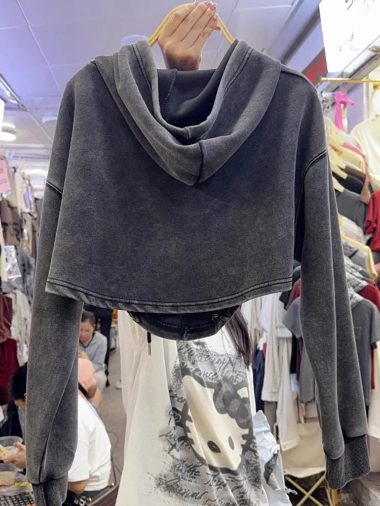 Fashion Vintage Long Sleeve Gray Hoodie Top for Women+ Y2k Slim Fit Camisole Vest 2026 Early Autumn New Two Piece Sets