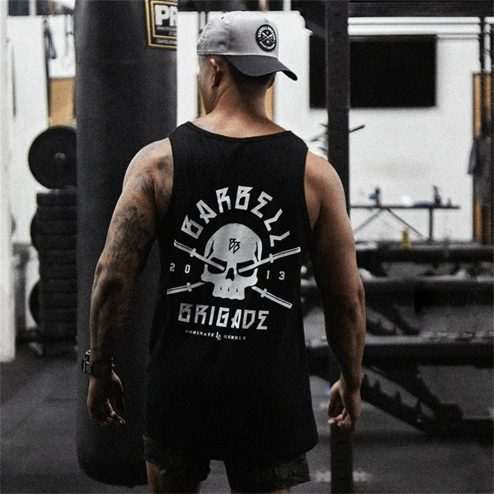 BARBELL Men's Cotton Sleeveless Shirt Skull Bodybuilding Workout Tank Muscle - APEX RITUAL men's tank tops