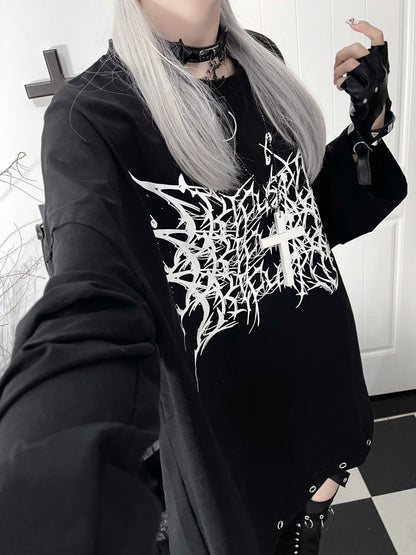 Original Print Subculture Dark Loose Long Sleeve Pure Cotton T-Shirt Japanese Punk Gothic Long Sleeve Round Neck Cool Girl Top