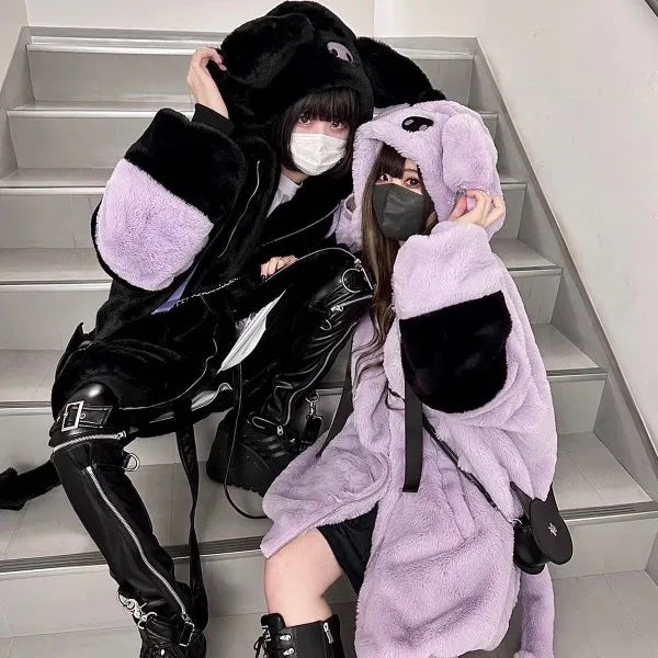 Japanese Harajuku Rabbit Ears Fur Purple Coat for women 2023 Winter New Women's Dark Punk Mid-Length Zipper Plush Coats Street