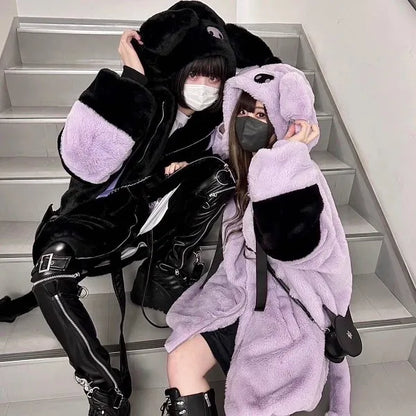 Japanese Harajuku Rabbit Ears Fur Purple Coat for women 2023 Winter New Women's Dark Punk Mid-Length Zipper Plush Coats Street