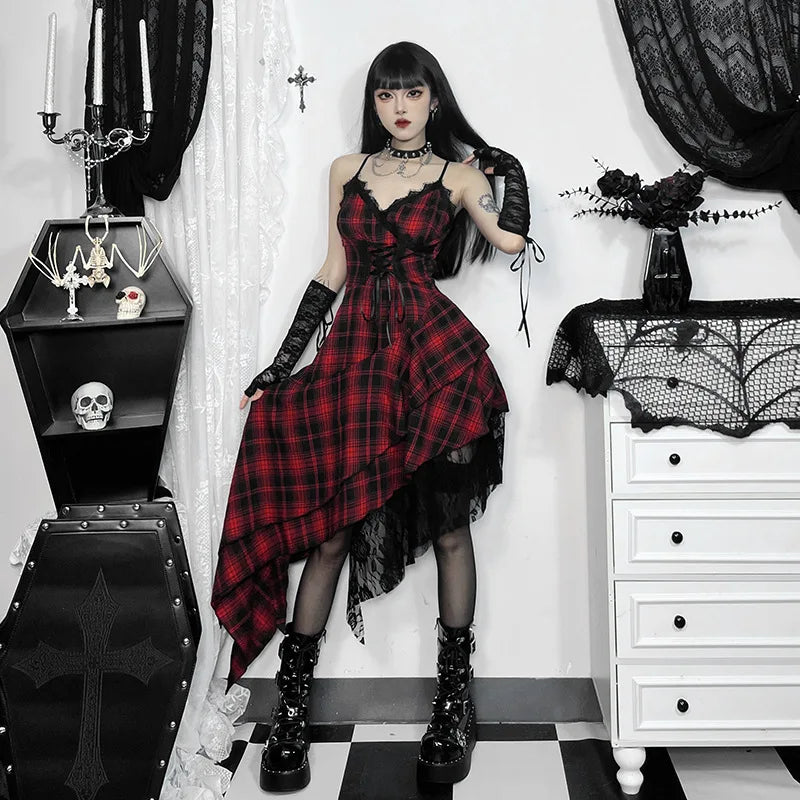 Women's Plaid Lace Spaghetti-Strap Midi Dress