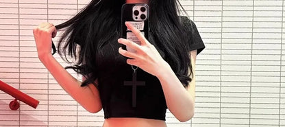 Spicy Short Sleeve Cotton T-Shirt Women's Summer Slim Fit Black Printed Top Korean Style Commute Fashion Belly Button Outfit