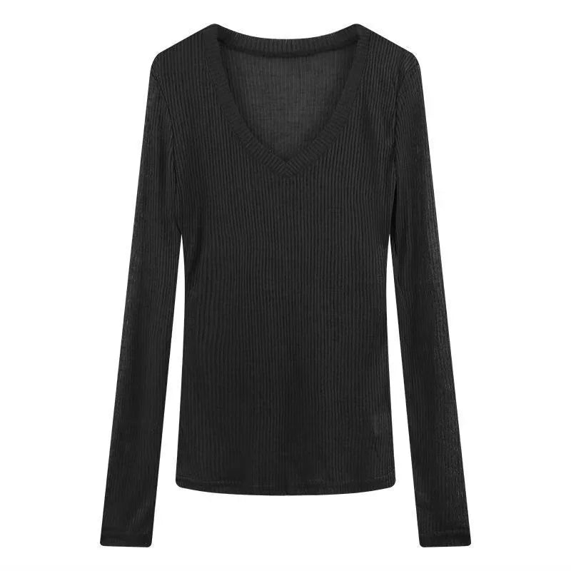 Women's Sheer V-Neck Long-Sleeve Top