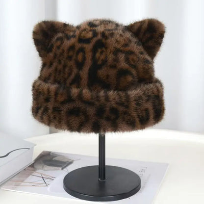 Women's Winter Cute Beanies Hats Fake Fur Keep Warm Leopard Print Rolled Edge Beanie Caps
