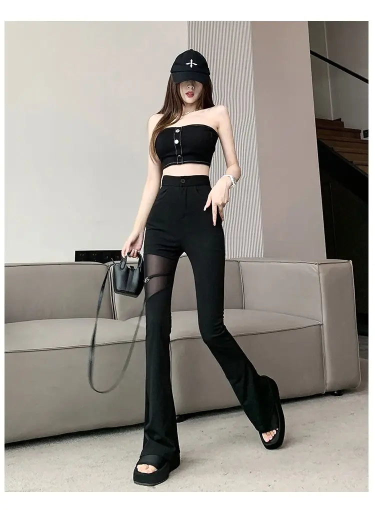 Sexy Black Mesh Patchwork High Waisted Flared Pants Chic Slim Women's Thin Trousers for Summer Korean Style