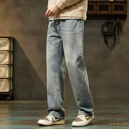 KSTUN Light Blue Baggy Pant Men Wide Leg Jeans Loose Straight Casaul Streetwear Vintage Men's Trousers 100% Cotton Large Size 40
