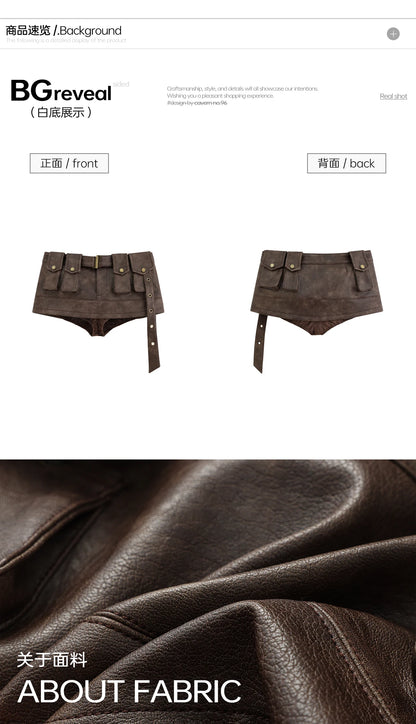 Lautaro Spring Summer Cool Sexy Vintage Distressed Brown Pu Leather Mini Skirt Women Three-dimensional Pockets Belt Streetwear