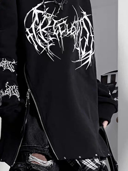 Vintage Black Printing Punk T-Shirt Women Harajuku Off Shoulder Grunge Tops Vintage Oversized Y2k Aesthetic Zipper Tees 2026