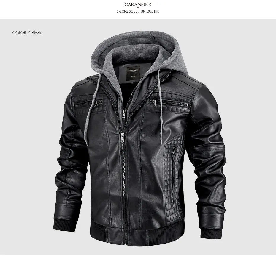 CARANFIER Men PU Leather Jacket Male Moto Biker Hooded Luxury Coats Clothing Faux Vintage Outerwear Chaqueta Hombre Dropshipping