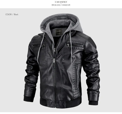 CARANFIER Men PU Leather Jacket Male Moto Biker Hooded Luxury Coats Clothing Faux Vintage Outerwear Chaqueta Hombre Dropshipping