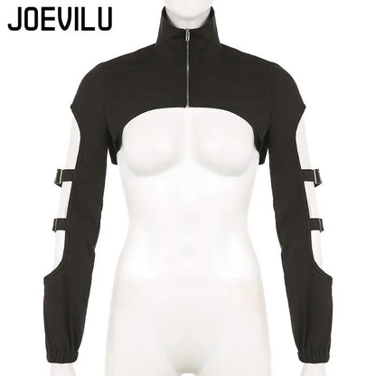 JOEVILU Women's Cyberpunk Goth Harajuku Crop Tops Long Sleeve Hollow Out Zipper T Shirt Y2K Grunge Streetwear Jacket for Dancing