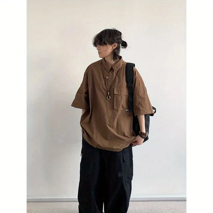 2024 New Summer Japanese Mens Set Harajuku Mid Sleeved Trendy Shirt+ Wide-leg Cargo Pants 2-pcs Thin Casual College Male Suit