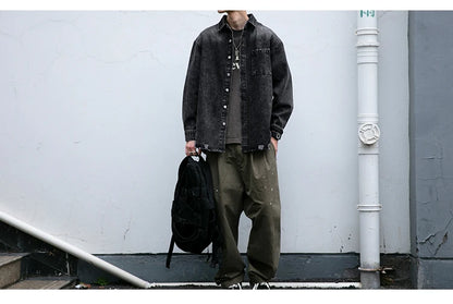 American Streetwear Wash Denim Shirts For Men Harajuku Casual Men'S Clothing Vintage Blue Lapel Cargo Coat Korean Long Sleeve