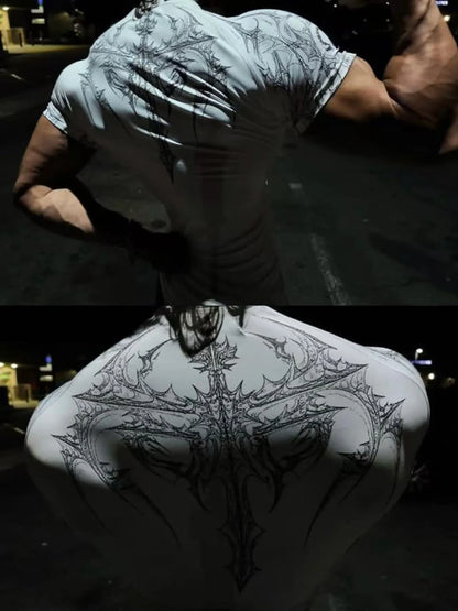 New Summer GYM T-shirt Men's Gothic Print Muscle Tee High Elasticity And Quick Drying Exercise For Bodybuilding Training T-shirt