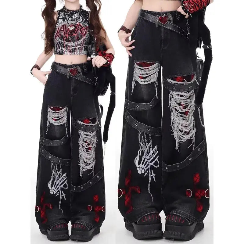 American style spicy girl loose lazy and relaxed denim pants punk retro - APEX RITUAL women's jeans