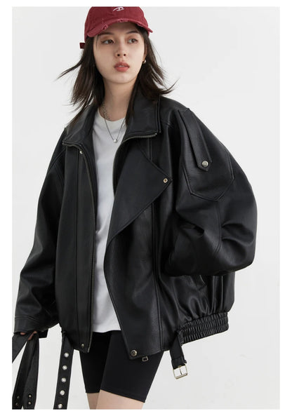 CHIC VEN Woman PU Jacket Solid Loose New Retro Standing Collar Motorcycle Faux Leather Coat Female Top Spring Autumn 2026
