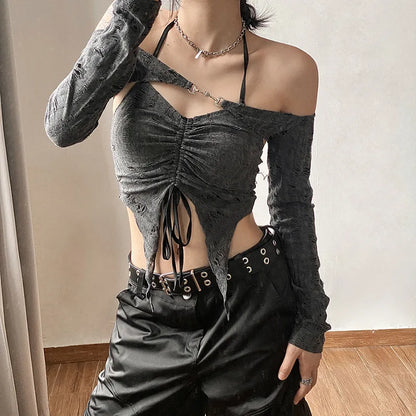Gray Mystic Sexy Lace Cutout Retro Mature Charm Feminine Party Queen Senior Women's Long Sleeve Tuxedo Top