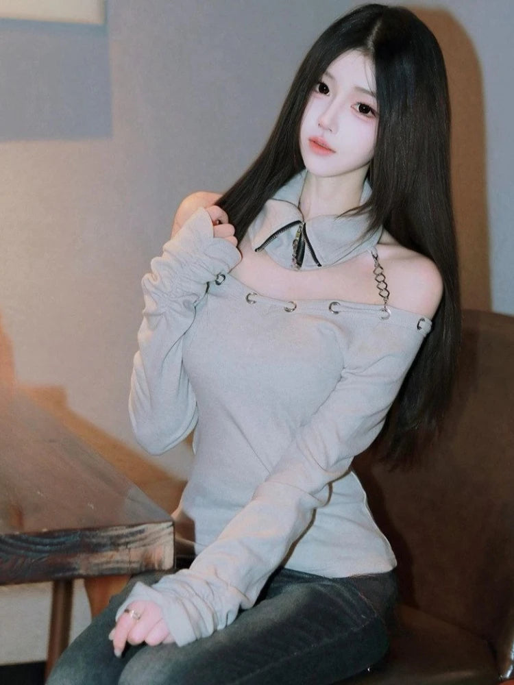 Women's Y2K Chain Slash-Neck Crop Top