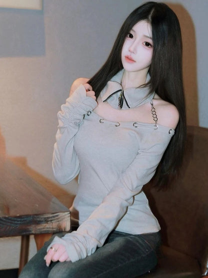 Women's Y2K Chain Slash-Neck Crop Top