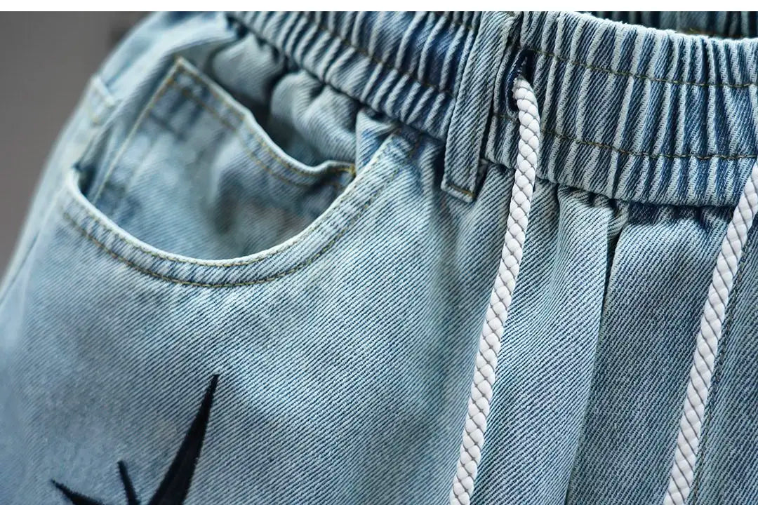 American high-street letter embroidered washed denim jeans fashion loose-fitting jogger harem pants slim-fit casual pants