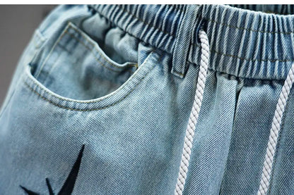 American high-street letter embroidered washed denim jeans fashion loose-fitting jogger harem pants slim-fit casual pants