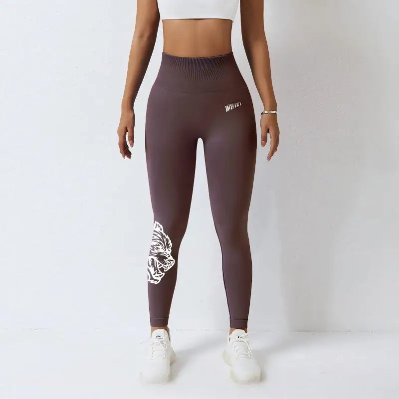 New high-waisted women's printed fitness yoga pants wolf head pattern buttocks tight sports high-elastic fitness leggings.