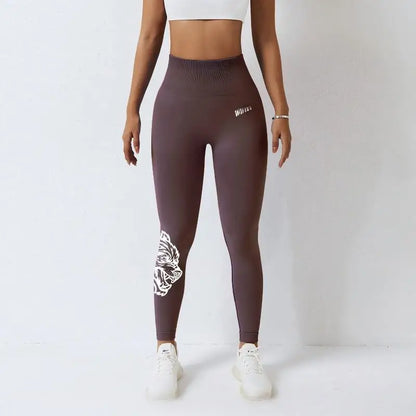 New high-waisted women's printed fitness yoga pants wolf head pattern buttocks tight sports high-elastic fitness leggings.
