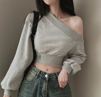 Slim Fit Long Sleeve Hoodie Women's Style Irregular Collar Show Shoulder Waist Cinching Short Length Commute Fashion  Color