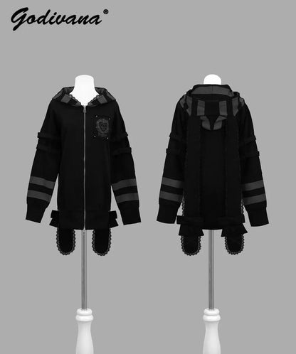 Japanese Harajuku Style Bow Sweet Cool Long-Ear Hooded Lace Trim Color-Block Zipper Long Cardigan Coat Gothic Hoodie Jacket