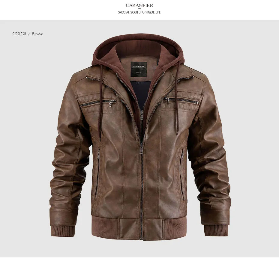 CARANFIER Men PU Leather Jacket Male Moto Biker Hooded Luxury Coats Clothing Faux Vintage Outerwear Chaqueta Hombre Dropshipping