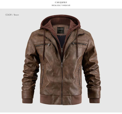 CARANFIER Men PU Leather Jacket Male Moto Biker Hooded Luxury Coats Clothing Faux Vintage Outerwear Chaqueta Hombre Dropshipping