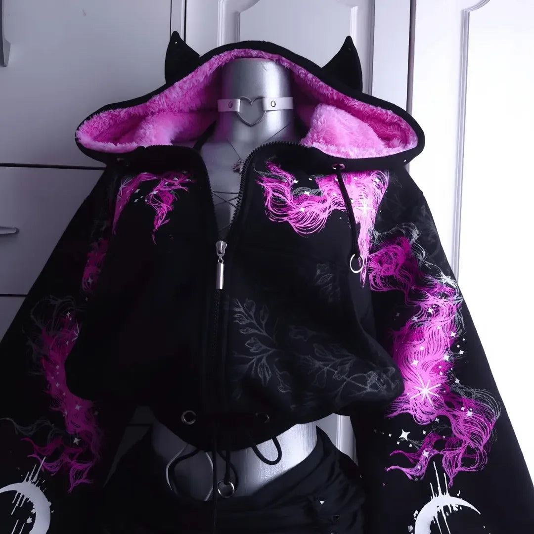 Y2K Grunge Purple Black Lightning Crackle Print Fleece Lined Cropped Zip Up Hoodie Women Hot Girl Oversized Drawstring Sherpa