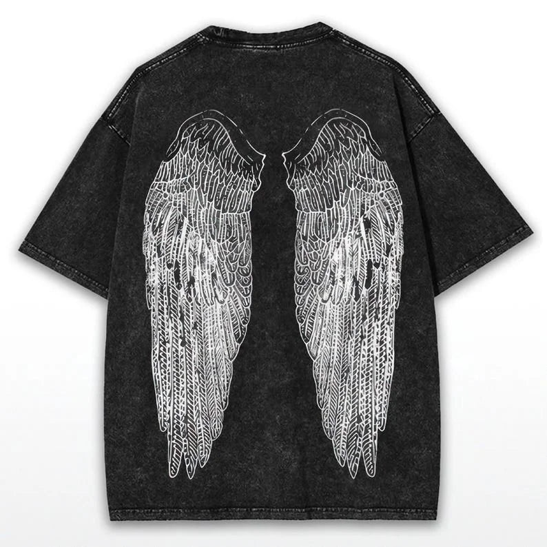 Y2K Gothic Angel Wings T-shirt: wash grunge street wear personality casual street fashion high quality round neck short sleeve