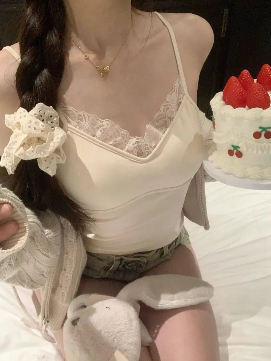 Lace Tank Top Women Cute Camis Sexy White Cropped Camisole Female Korean Sleeveless Black Vest Summer 2025 Coquette Y2k Clothes