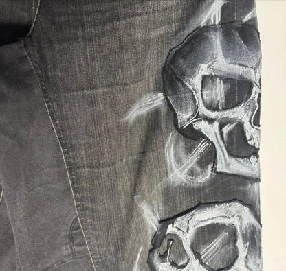 Ripped Baggy Jeans Cotton Patch Dyed Skull Pattern Y2k Mens Jeans Goth Punk Wide Leg Casual Pants Hip Hop Trousers Men Clothing