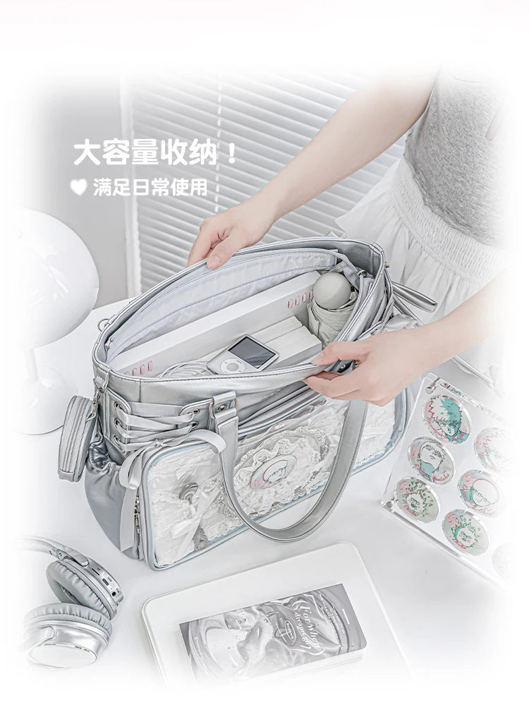 Japanese New Girls Silver Shoulder Bag Large Capacity Ribbon Itabag Student Women's Satin Messenger Bag Leather Backpacks