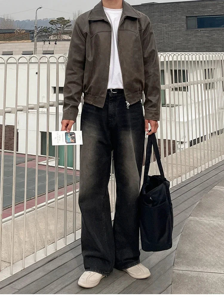 Spring Autumn Vintage Lightweight Distressed Washed Brown Pu Leather Jacket Men Zipper Casual Korean Fashion Clothes