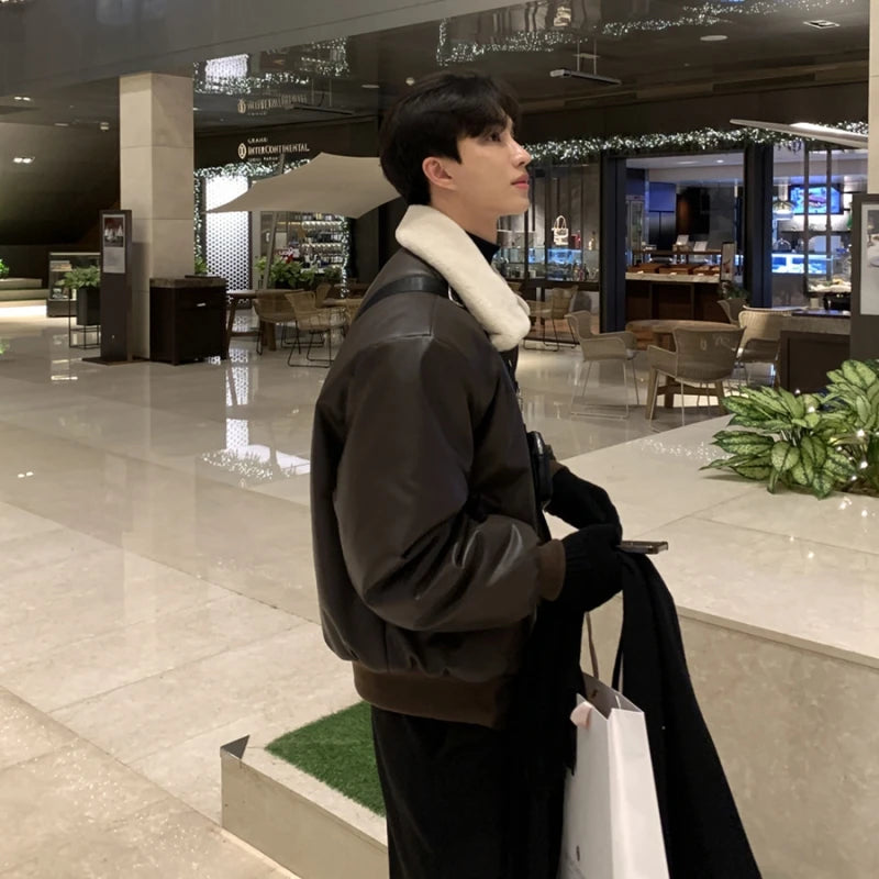 Winter Jacket Men Warm Fashion Casual Thickened Leather Jacket Men Streetwear Korean Loose Short Coat Mens Thick Leather Coat
