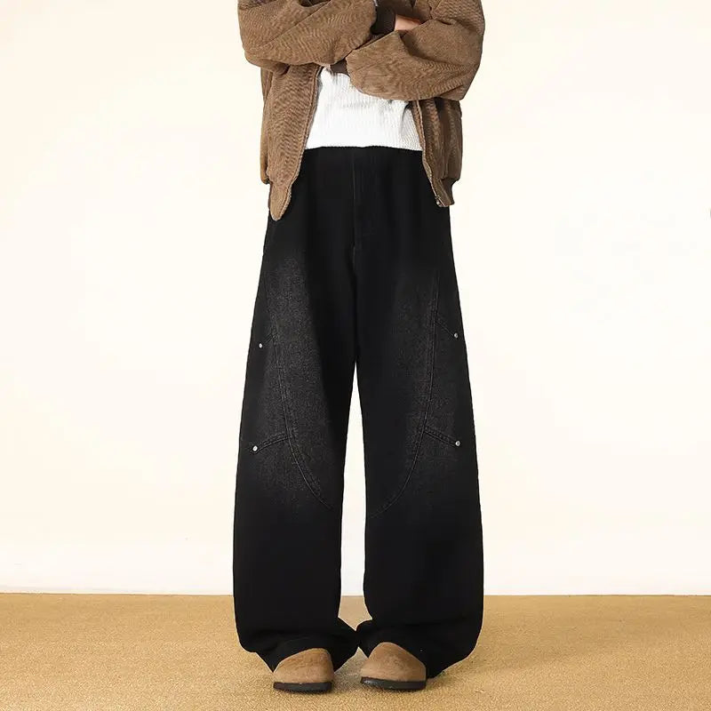 Men's Spring And Autumn Fashion Washed Large Versatile Casual Pants Retro Splicing Nail Beaded Jeans Loose Straight Leg Pants