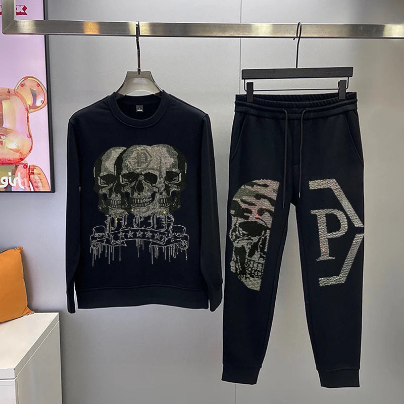 Men's suit, sports shirt, sports pants, two-piece set, fashionable letter, hot fashion skull rhinestones, hooded sportswear, men