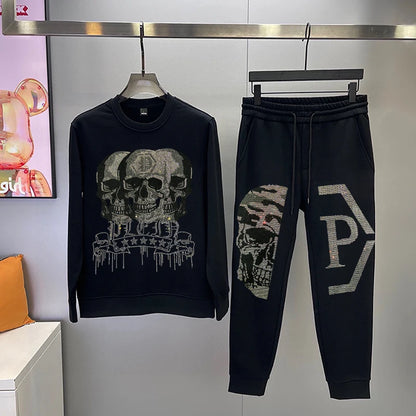 Men's suit, sports shirt, sports pants, two-piece set, fashionable letter, hot fashion skull rhinestones, hooded sportswear, men