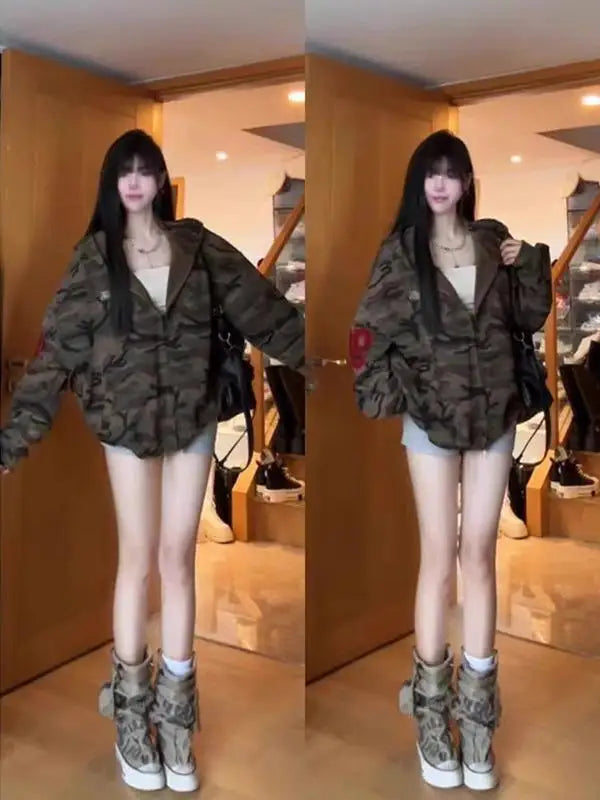 Retro American Camouflage Hoodie ort Women's Jaet Loose Cool Sle Outerwear Trendy Autumn Winter New Arrival